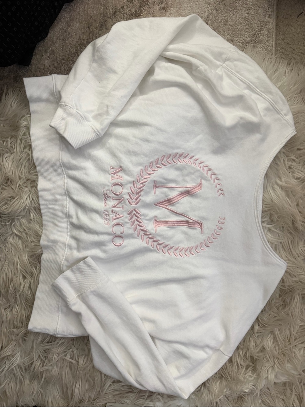Monaco White Sweatshirt with Pink Embroidered Crest